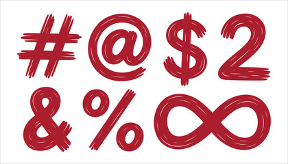 Red hand drawn symbols hashtag at symbol dollar sign number two ampersand percent infinity vector