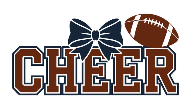 Brown and navy blue C H E R text with football and bow graphic cheer