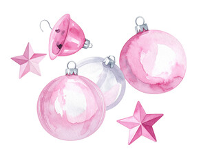 Elegant Watercolor Holiday Ornament Set with Pastel Pink and Silver Details, Minimal Aesthetic, Isolated PNG,And transparent the background.
