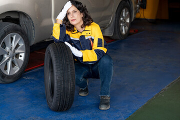 Caucasian woman auto repair shop owner or mechanic kneels beside a tire with a hand on her forehead feelings of stress worry fatigue business difficulties, economic anxiety pressure small business