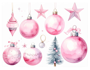  Elegant Watercolor Holiday Ornament Set with Pastel Pink and Silver Details, Minimal Aesthetic, Isolated PNG.And transparent the background.