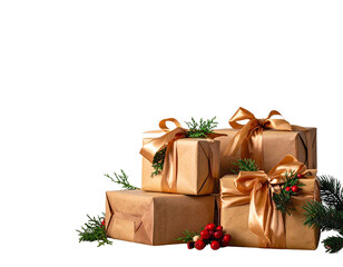 Stacked Holiday Gift Boxes with Satin Gold Ribbons and Pine Sprigs, Side Perspective, Isolated PNG, And transparent the background.