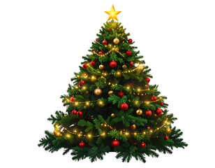  Elegant Christmas Tree Decorated with Gold and Red Ornaments, Star Topper, Front View, Isolated PNG,And transparent the background.