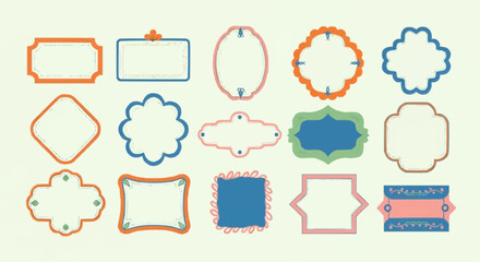 Collection of fifteen decorative frames in various shapes and colors on a light background image art
