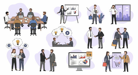 Obraz premium Illustration of business people in meetings presentations and collaborations on white background