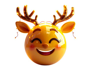 Winking Emoji with Reindeer Antlers and Sparkling Lights, 3D Glossy Render, Isolated PNG,And transparent the background.