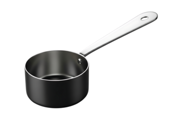 Stainless steel measuring cup with long handle on black background kitchen