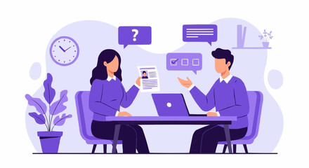 Illustration of a job interview with a woman holding a resume and a man with a laptop at a table