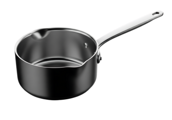 Stainless Steel Saucepan with a Long Handle and Spout on a Black Background cooking kitchenware