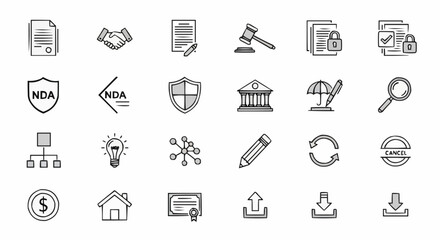 Illustration of business and legal icons including contracts, security, and finance symbols set