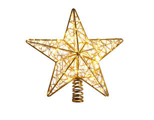 Golden Glitter Star Tree Topper with Sparkling Texture, Front-Facing View, Isolated PNG,And transparent the background.