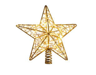 Golden Glitter Star Tree Topper with Sparkling Texture, Front-Facing View, Isolated PNG,And transparent the background.