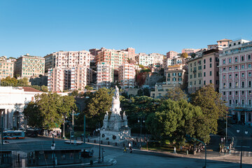Monument to Christopher Columbus in the city of Genoa under a blue sky