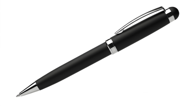 A black pen with silver accents on a dark background on transparent background, png