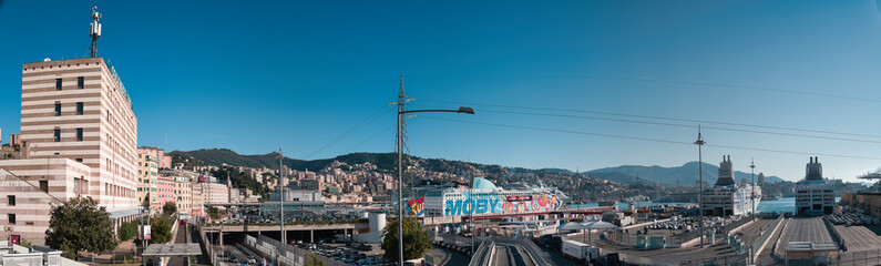 gosses panorama of the harbor in Genoa in Italy with blue sky