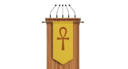 A wooden podium with microphones and ankh symbol on transparent background, png