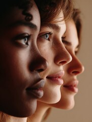 Obraz premium four women stand in a line each showcasing unique skin tones and features their profiles highlight the beauty of diversity in a minimalist studio with soft lighting celebrating individuality