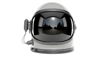 A reflective astronaut helmet with road reflection on transparent background, png