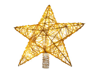  Golden Glitter Star Tree Topper with Sparkling Texture, Front-Facing View, Isolated PNG,And transparent the background.