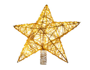  Golden Glitter Star Tree Topper with Sparkling Texture, Front-Facing View, Isolated PNG,And transparent the background.