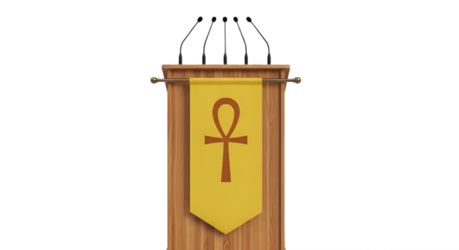A wooden podium with microphones and ankh symbol on transparent background, png
