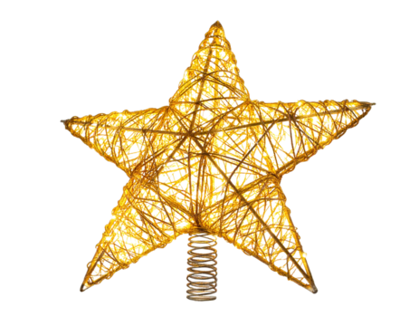  Golden Glitter Star Tree Topper with Sparkling Texture, Front-Facing View, Isolated PNG,And transparent the background.
