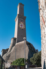 lighthouse of Genoa under blue sky in Italy