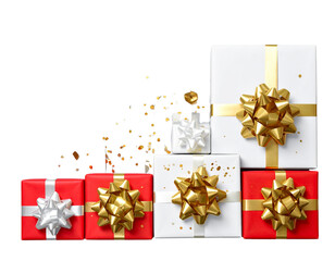 Luxury Wrapped Christmas Presents with Shiny Gold Bows and Confetti, Top-Down Flat Lay, Isolated PNG,And transparent the background.