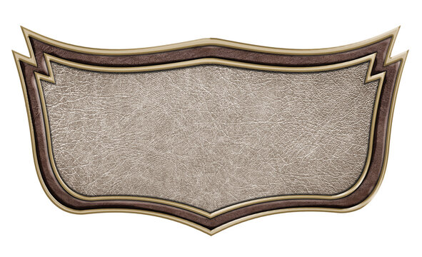 vintage leather sign in a figured metal frame isolated on a white background