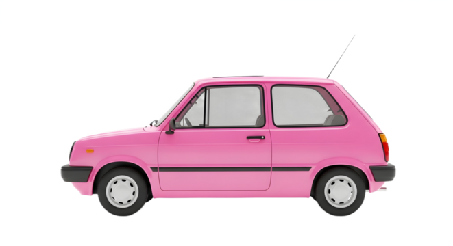 Side view of a pink compact car against black space on transparent background, png