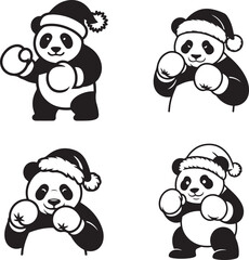 Collection of Festive and Athletic Santa Close with Panda Illustrations: Four Black and White Cartoon Designs Featuring Pandas Dressed as Santa and Reindeer, Posing with Boxing Gloves