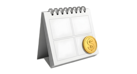 Calendar with blank pages and a golden dollar coin on transparent background, png