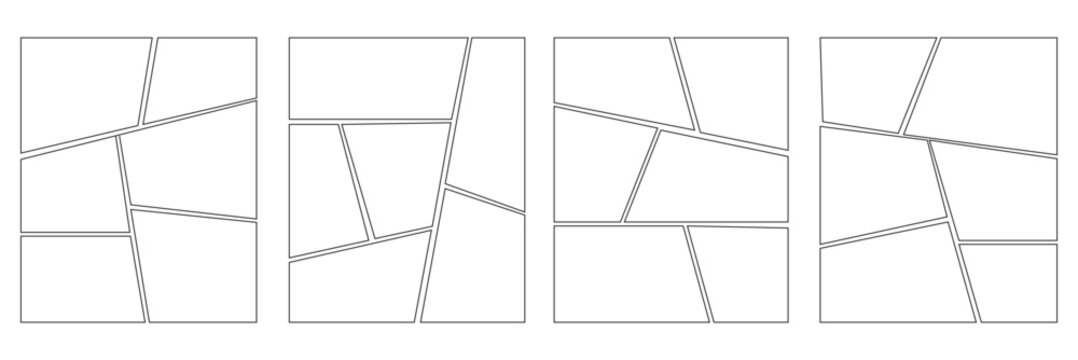 Set of collage grid manga comic storyboard layout panel blank template. Empty page frame for comic book, photo collage, poster, flyer. Vector illustration