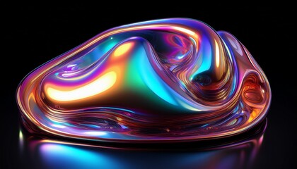 bold holographic liquid blob shape isolated iridescent wavy melted substance on black background