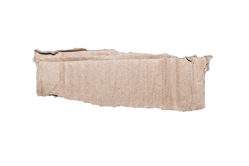 A piece of torn brown cardboard, featuring a rough edge and natural textures, ideal for crafting, packaging, or artistic backgrounds in various projects.
