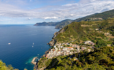high view of riomaggiore coastal village at cinque terre liguria italy looking north