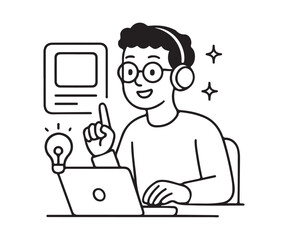 Creative individual with headphones brainstorms brilliant ideas using laptop and lightbulb symbol, inspiring innovation and problem solving