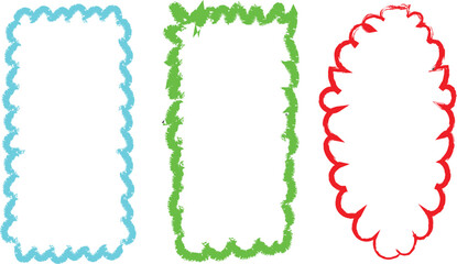 Three decorative hand drawn borders in blue green and red on a white background.