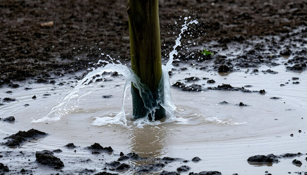 Water sprays and splashes around a wooden post as rain falls on a muddy field. The earth is saturated, creating small puddles and a dynamic, wet environment