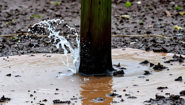 Water sprays and splashes around a wooden post as rain falls on a muddy field. The earth is saturated, creating small puddles and a dynamic, wet environment - Powered by Adobe