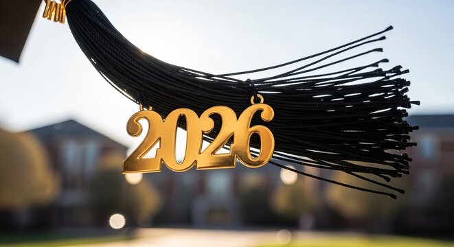 Close-Up Graduation Cap Tassel with Golden 2026 Year Academic Success and Celebration.