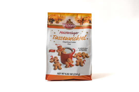 Germany Berlin October 25, 2025. Wicklein Tassenwichtel Cookies Bag. Wicklein Meistersinger Tassenwichtel gingerbread cookies bag with festive design. The product is isolated on a white background.
