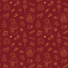 Christmas seamless pattern with holiday decorative doodle elements on red background. Funny snowman, snow globe, sweets, Christmas tree whimsical illustration in line art.