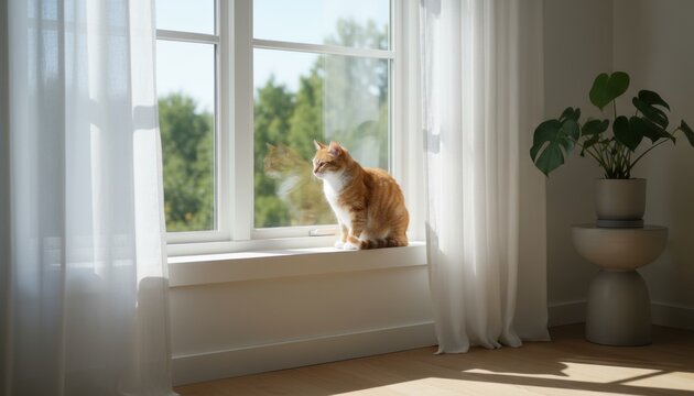 Orange tabby cat sitting on a windowsill, gazing outside at greenery, with sheer curtains softly filtering sunlight, creating a serene indoor atmosphere