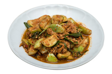 Thai Style Red Curry Stir-Fry with Thai Eggplant and Ground Pork, Isolated on White Background