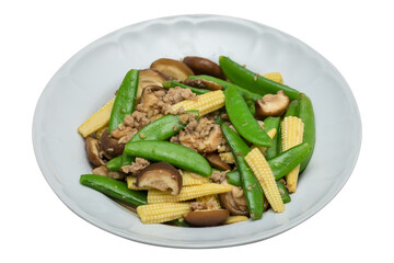 Homemade Thai Stir-Fry with Shiitake Mushrooms, Corn, Peas, and Minced Pork in Oyster Sauce, Isolated Background