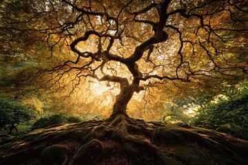 Fototapeta premium Majestic Maple Tree Canopy with Golden Light in Autumn