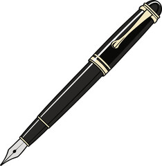 An illustration of a hand holding a classic fountain pen and writing a line. Vector art concept for signature, calligraphy, and education.