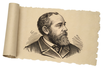 Vintage portrait engraving of a bearded man with mustache in profile, displayed on an old parchment scroll, perfect for transparent backgrounds.