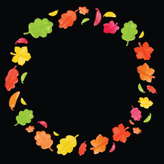 Autumn fallen leaves 3d cartoon vector circle frame on black background. Glossy plastic style botanical autumnal leaf foliage round border.